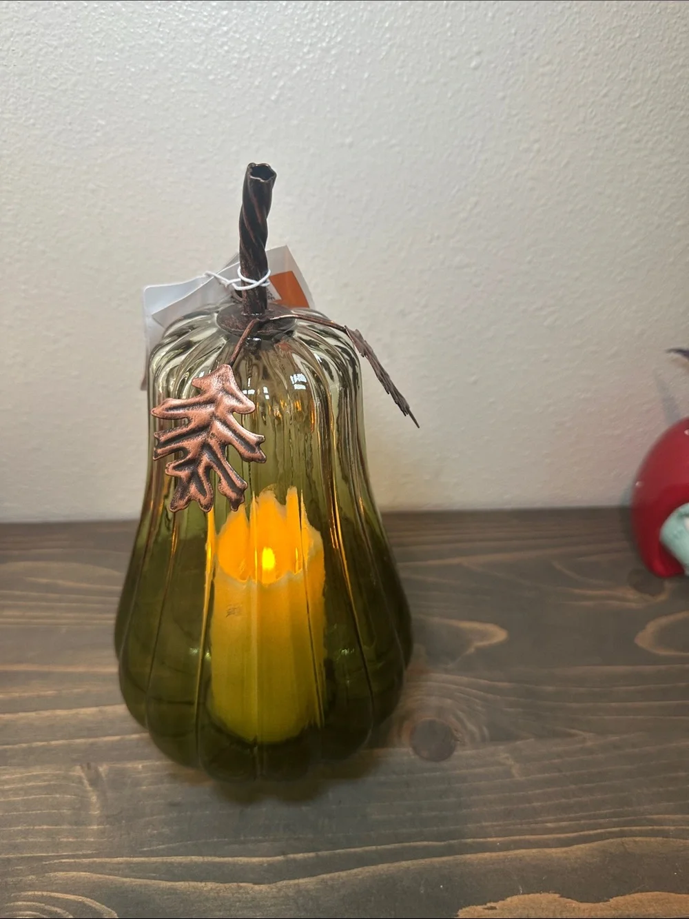 Green Glass Pumpkin Lantern with LED Candle -